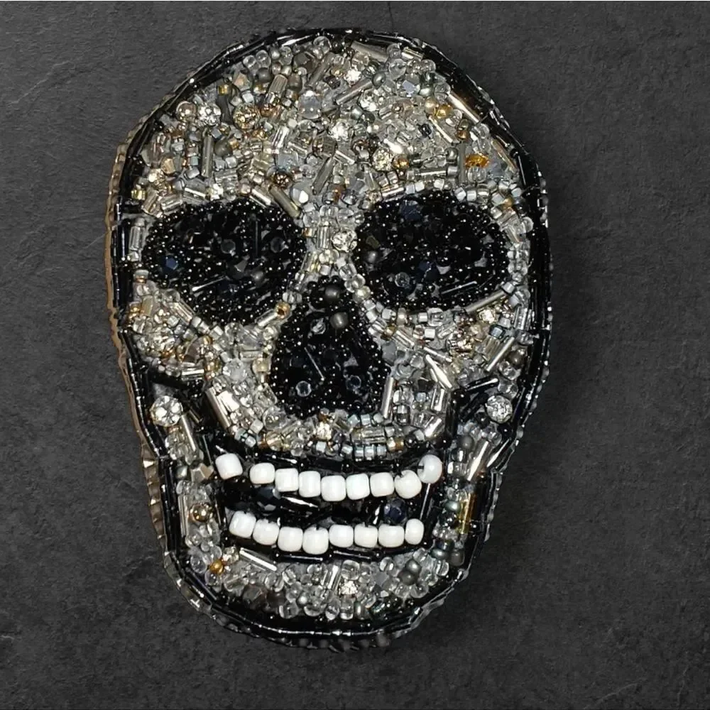 Murka Designer's Hand Beaded Skull Brooch - Black and Silver Large